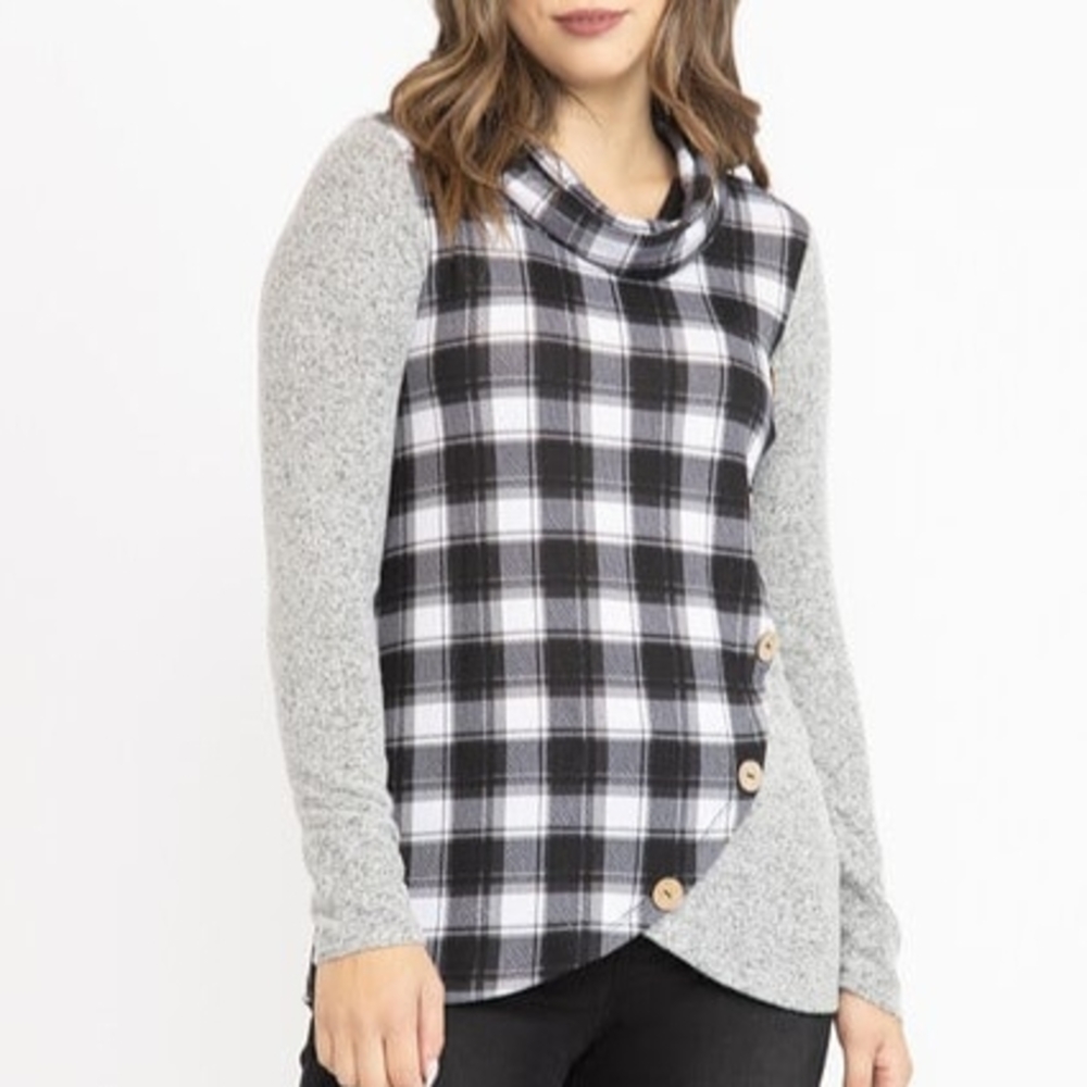 🍀2/$30🍀 Plaid & Grey Cowl Neck Tunic W/ Buttons - Warehouse One - S